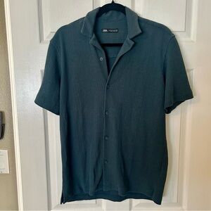 Zara Teal Collared Short Sleeve Button-down Top